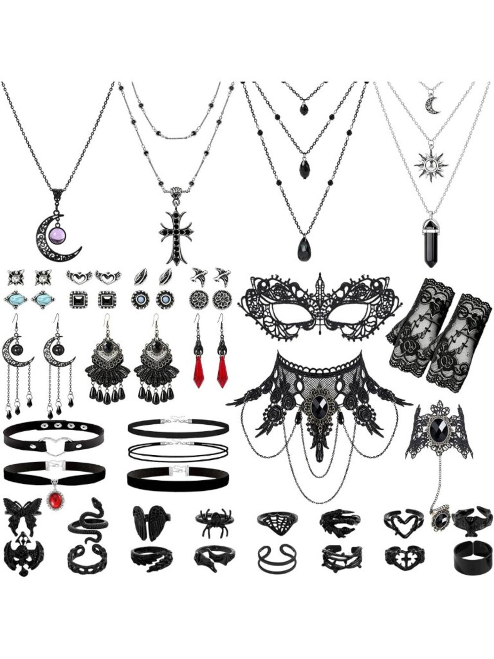 54 Pcs Black Punk Grunge Jewelry Set for Women - Gothic Accessories Collection